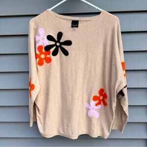 Aaeda size L Tan Boat Neck Sweater Felt Groovy Retro 70s Flowers Floral